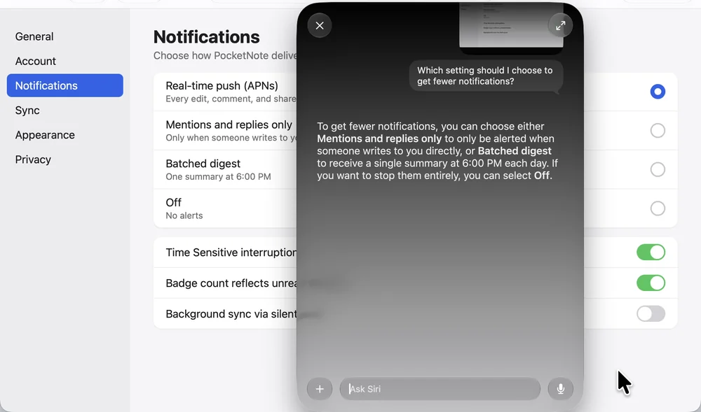 A Notifications settings page with Siri’s answer on top. Under the question Which setting should I choose to get fewer notifications?, Siri suggests Mentions and replies only or Batched digest, and Off to stop them entirely.