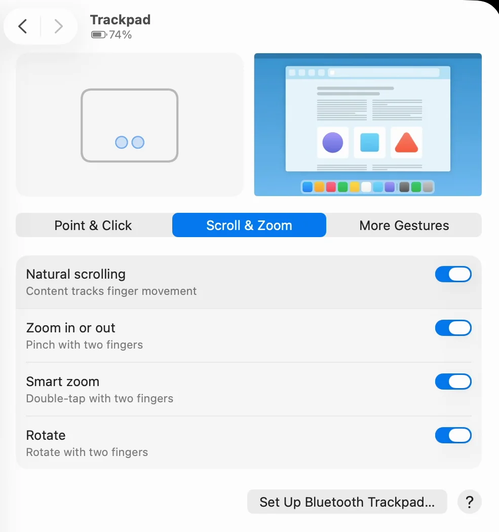 The Scroll & Zoom tab in Trackpad settings, listing Natural scrolling, Zoom in or out, Smart zoom and Rotate, all turned on