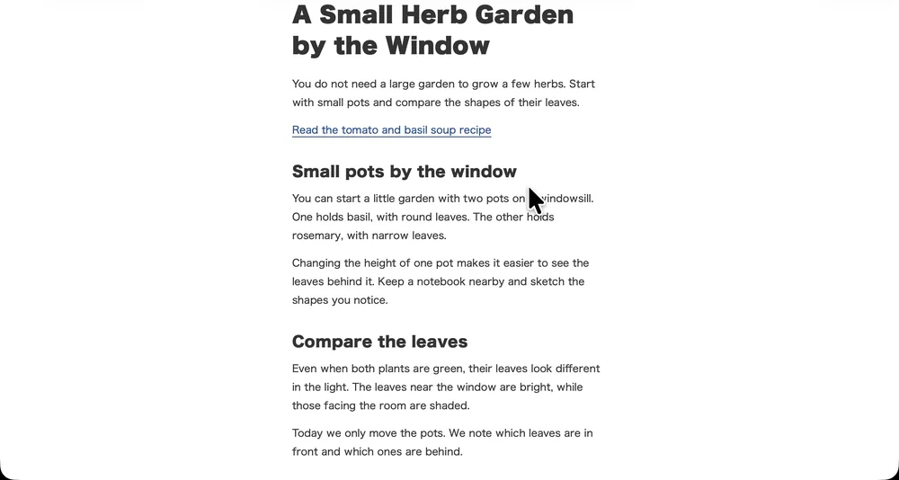 A web page open in Safari, with headings and paragraphs of small text in the middle of the screen