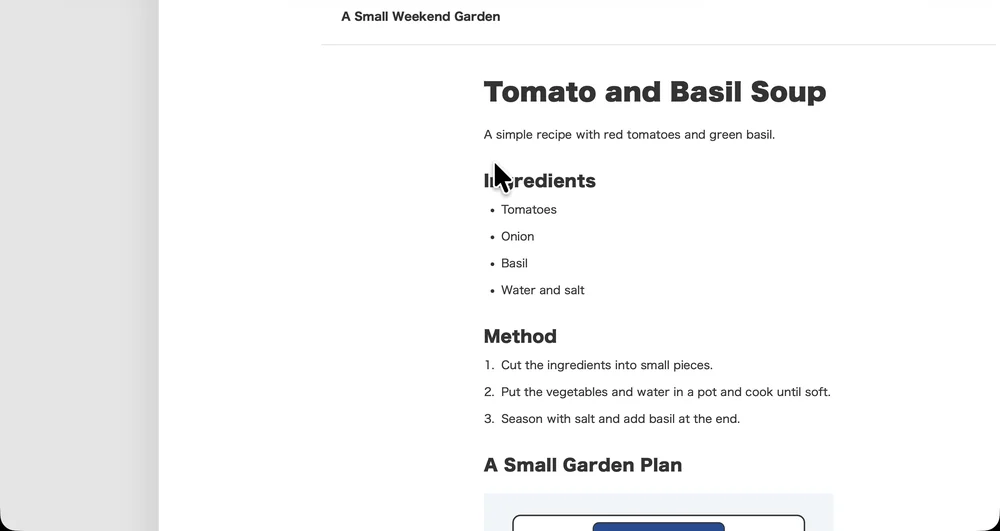 A recipe web page in Safari sliding to the right, with a gray area showing on the left side of the screen