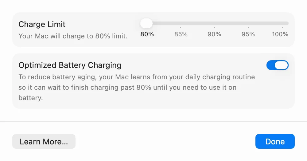 The Charging window. The Charge Limit slider is at 80% on the far left, and the Optimized Battery Charging switch below it is on