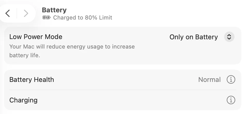 The top of the Battery screen in System Settings. Below the title it says Charged to 80% Limit. Three rows follow: Low Power Mode, Battery Health and Charging, with an info button at the right end of Charging