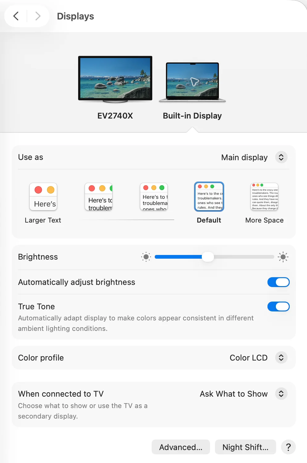 Displays in System Settings with Built-in Display selected. Use as shows Main display. Default is the fourth resolution option from the left, and below are Brightness, Automatically adjust brightness and True Tone