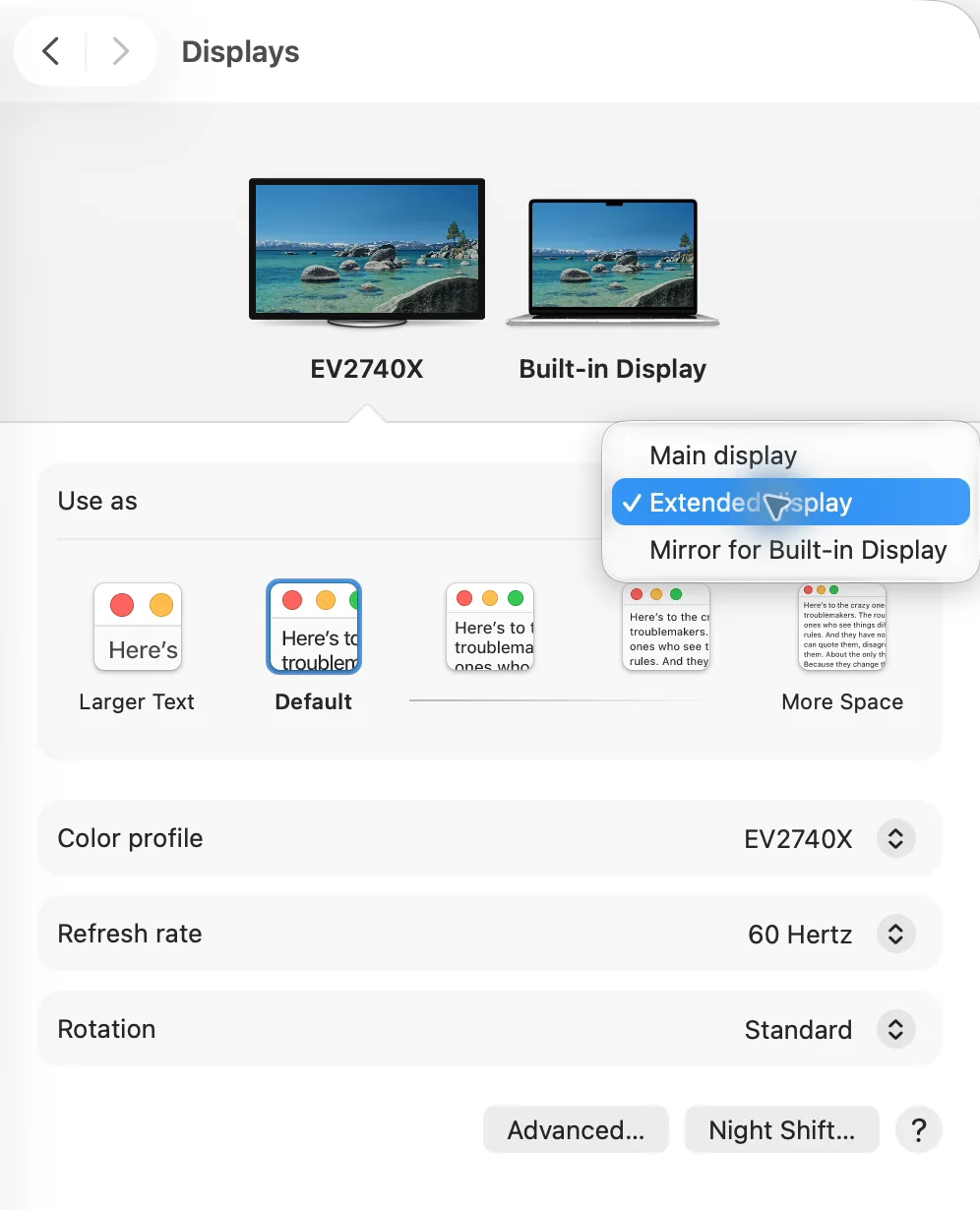 Displays in System Settings with the EV2740X external display selected and the Use as menu open, showing Main display, Extended display and Mirror for Built-in Display. Default is the second resolution option from the left