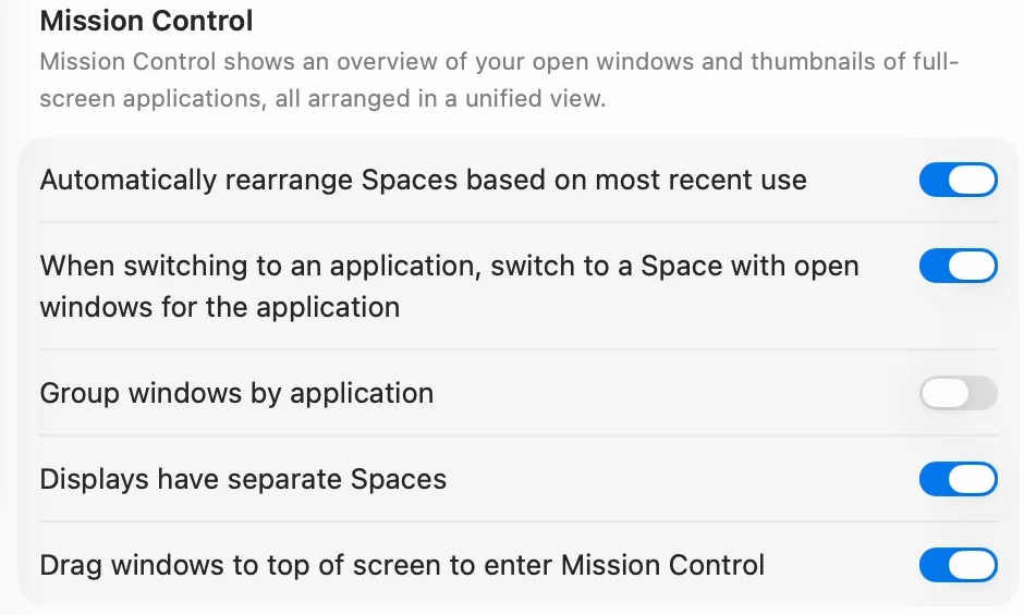 The Mission Control section at the bottom of Desktop and Dock. Of its five options, the second from the bottom is Displays have separate Spaces, and it is turned on