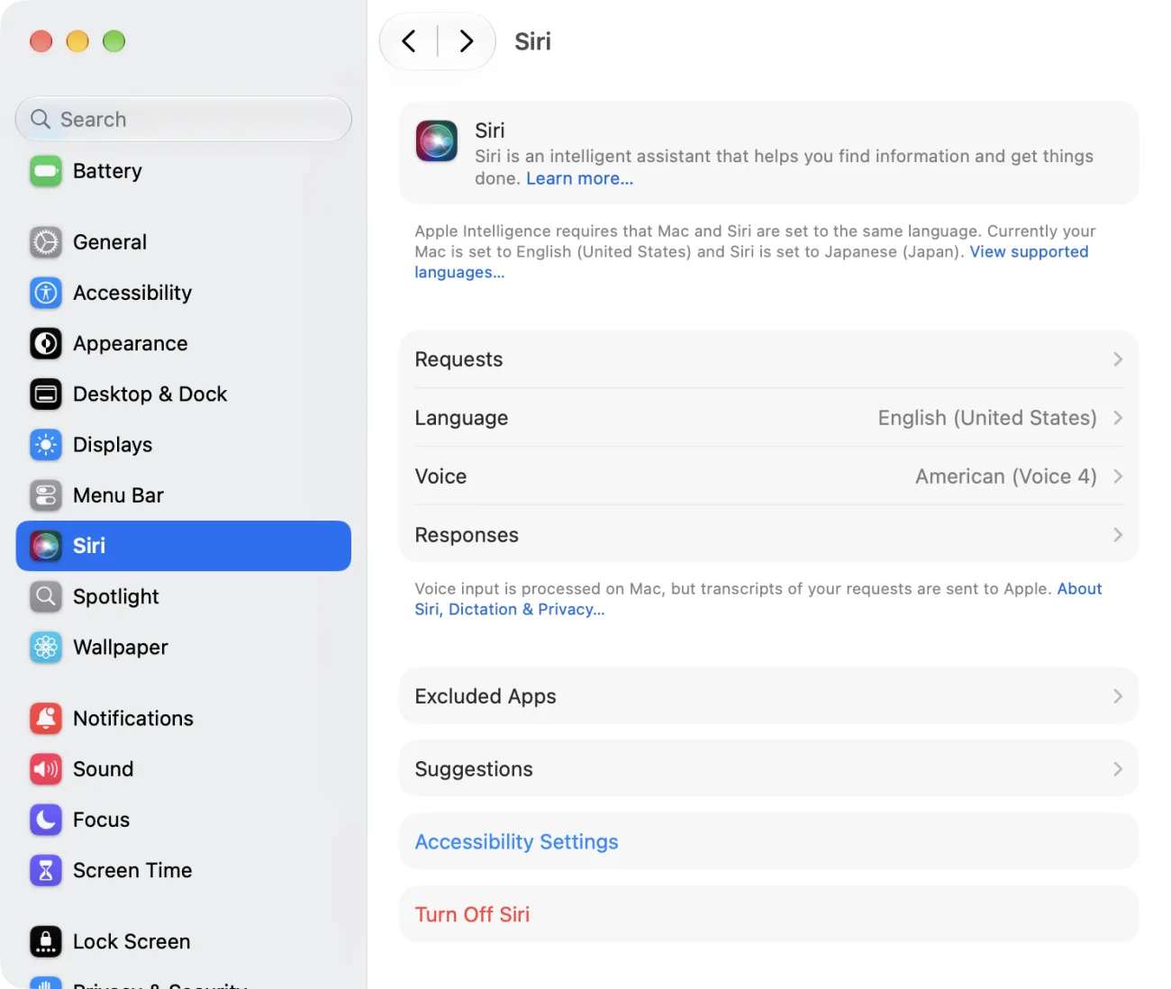 The Siri pane of System Settings with the old Siri icon. Under the Siri heading, a notice reads: Apple Intelligence requires that Mac and Siri are set to the same language. Currently your Mac is set to English (United States) and Siri is set to Japanese (Japan). Below are Requests, Language (English (United States)), Voice, Responses, Excluded Apps, Suggestions, Accessibility Settings, and Turn Off Siri