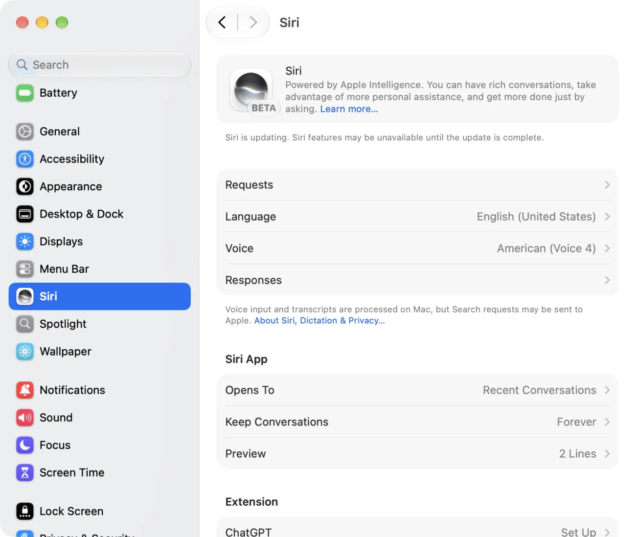 The Siri pane of System Settings once Siri AI is on. The icon has a BETA badge, and the description reads Powered by Apple Intelligence. You can have rich conversations, take advantage of more personal assistance, and get more done just by asking. Below are Requests, Language (English (United States)), Voice (American (Voice 4)), Responses, and a Siri App section with Opens To, Keep Conversations, and Preview