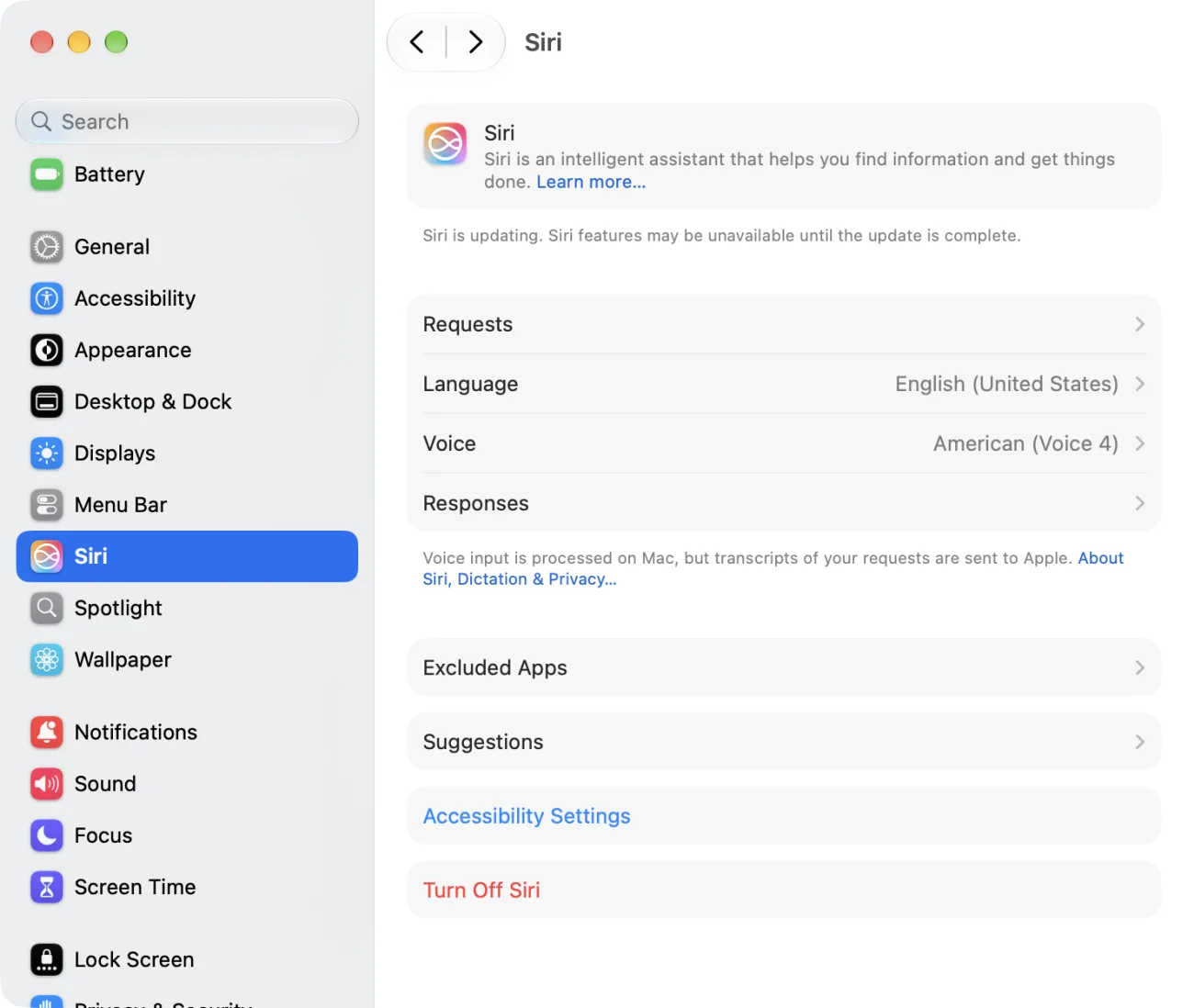 The same Siri pane right after the language was changed. The notice now reads: Siri is updating. Siri features may be unavailable until the update is complete. The Siri icon has changed to the new colorful ring