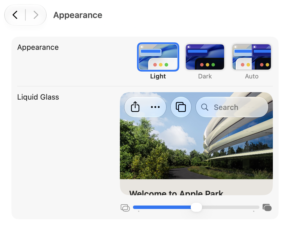 System Settings, Appearance. Below the Light, Dark, and Auto options is a Liquid Glass preview, with a horizontal slider under it