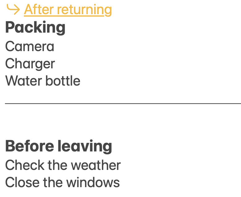 A note with a link named After returning at the top. Below it are the heading Packing and three items, a horizontal divider line, and the heading Before leaving