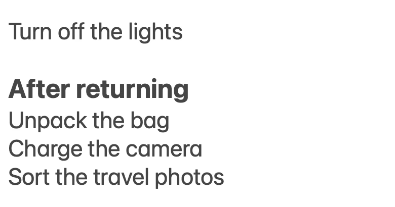 The same note after clicking the link, showing the heading After returning and the items Unpack the bag, Charge the camera, and Sort the travel photos