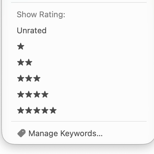 The Filter menu in Photos. Under Show Rating are Unrated and one to five stars, followed by Manage Keywords