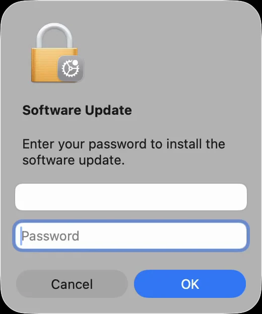 A small Software Update window that says Enter your password to install the software update, with a name field, an empty Password field, and Cancel and OK buttons