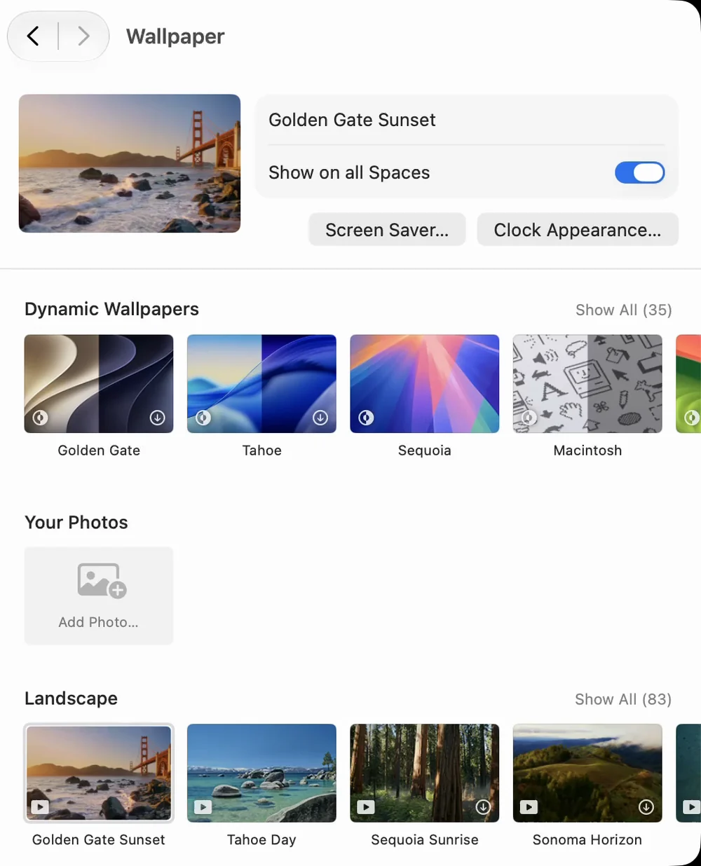 Wallpaper settings with Golden Gate Sunset selected, a Screen Saver button, and rows of Dynamic Wallpapers and Landscape pictures