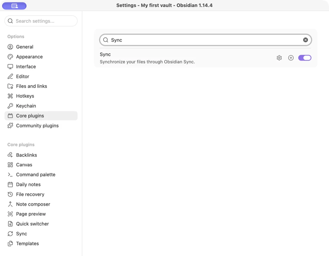 Obsidian settings for a practice vault, with Core plugins selected and Sync typed in the search. The Sync row, Synchronize your files through Obsidian Sync, has its switch turned on