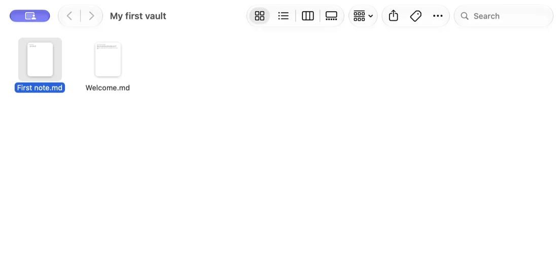 A Finder window for the folder My first vault, showing two files: First note.md and Welcome.md