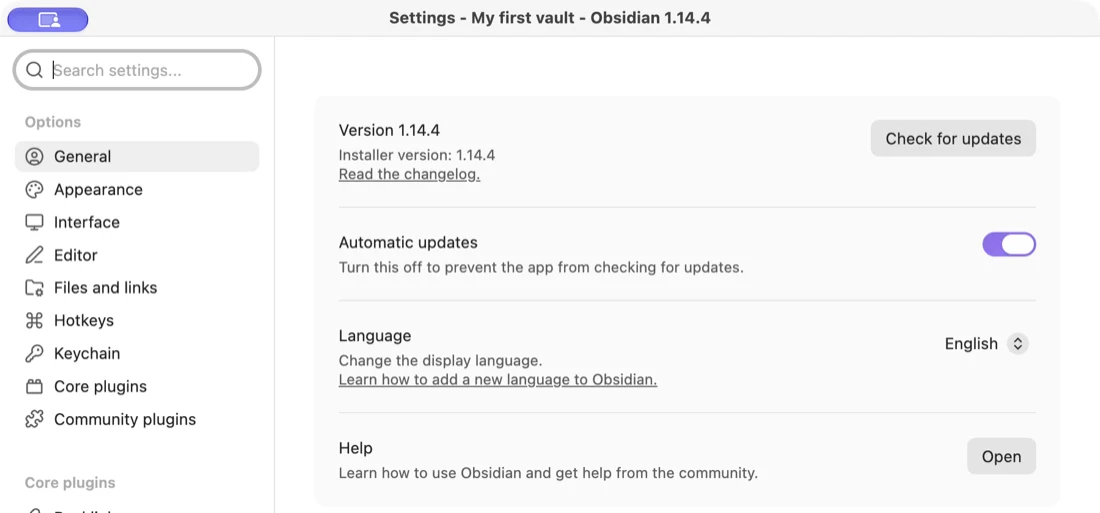Obsidian settings for a practice vault named My first vault, with General selected. Under General, the Language setting shows English