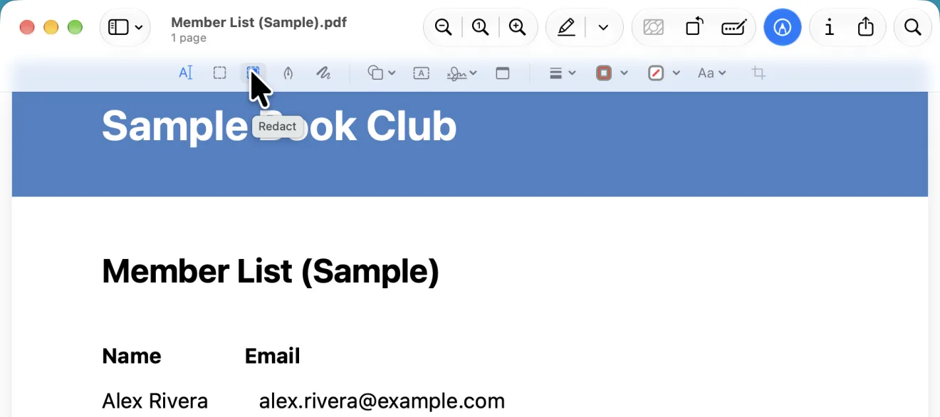 Preview showing a PDF named Member List (Sample).pdf with the Markup toolbar open. The pointer rests on the third button from the left, a filled rectangle, and a small label below it reads Redact. The page shows a Name and Email table with the made-up entry Alex Rivera