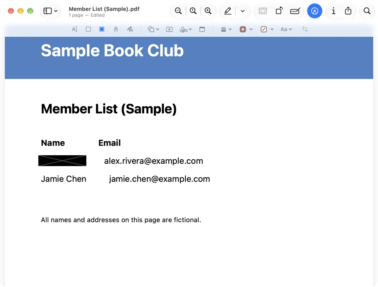 The same member list in Preview. The first name has been covered by a black rectangle with a thin X pattern across it. The other name and both email addresses are still visible. The title bar reads 1 page — Edited, and a line at the bottom says all names and addresses on the page are fictional