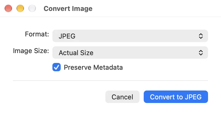 The Convert Image sheet. Format: JPEG. Image Size: Actual Size. A checked box labeled Preserve Metadata. At the bottom right, a Convert to JPEG button