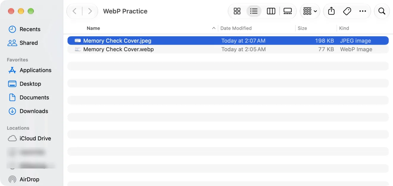 A Finder list showing two files: Memory Check Cover.jpeg, 198 KB, JPEG image, and Memory Check Cover.webp, 77 KB, WebP Image