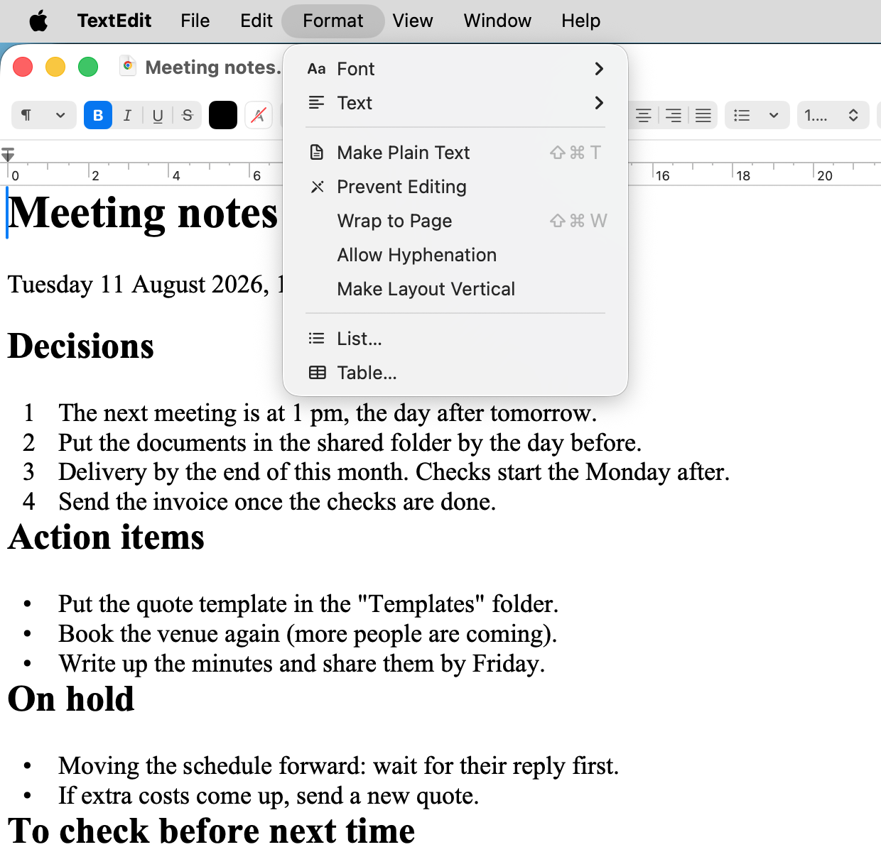 A screenshot taken with the Format menu of TextEdit still open. The open menu is in the picture.