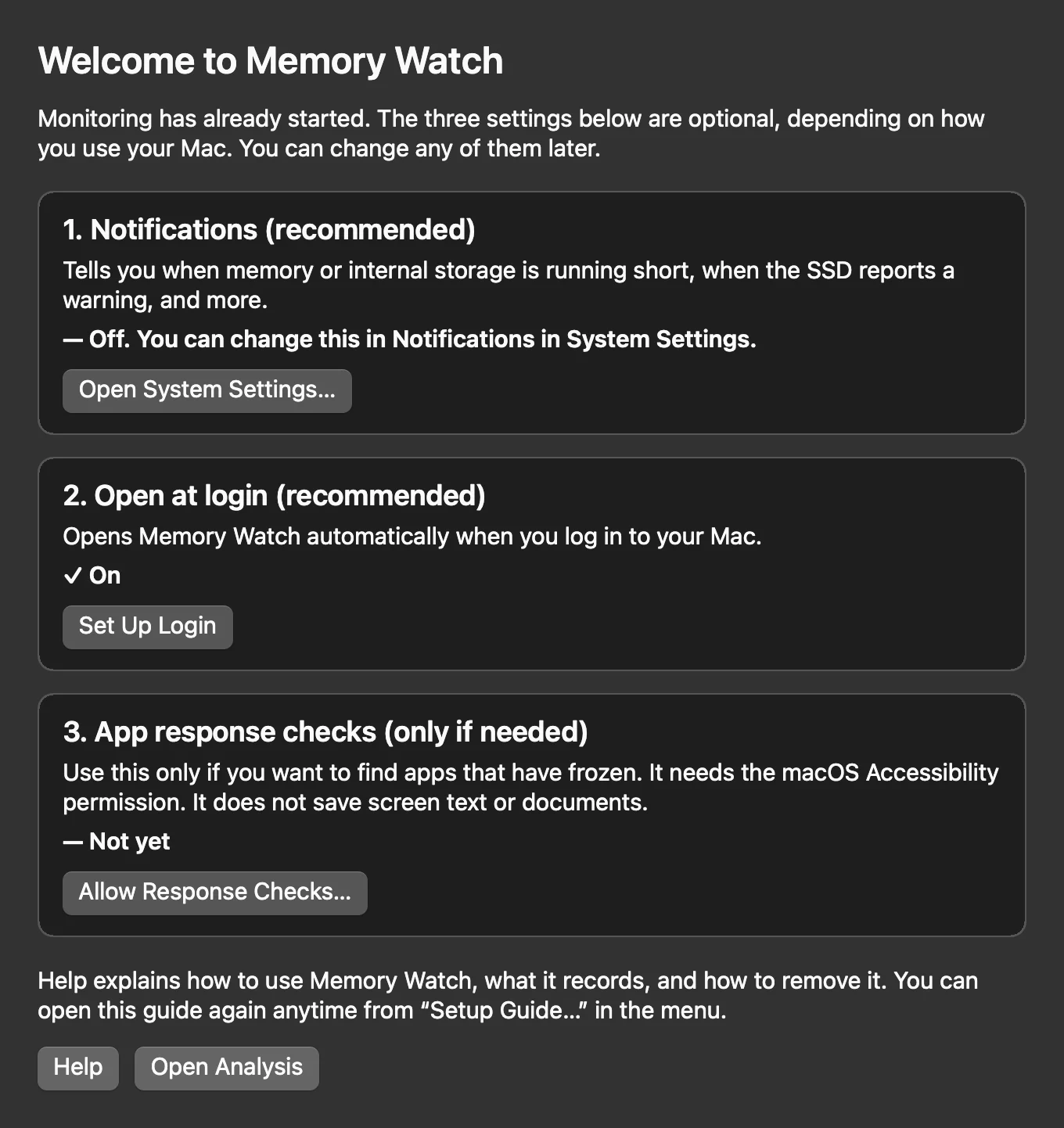 The “Welcome to Memory Watch” window with three choices: 1. Notifications, 2. Open at login, 3. App response checks