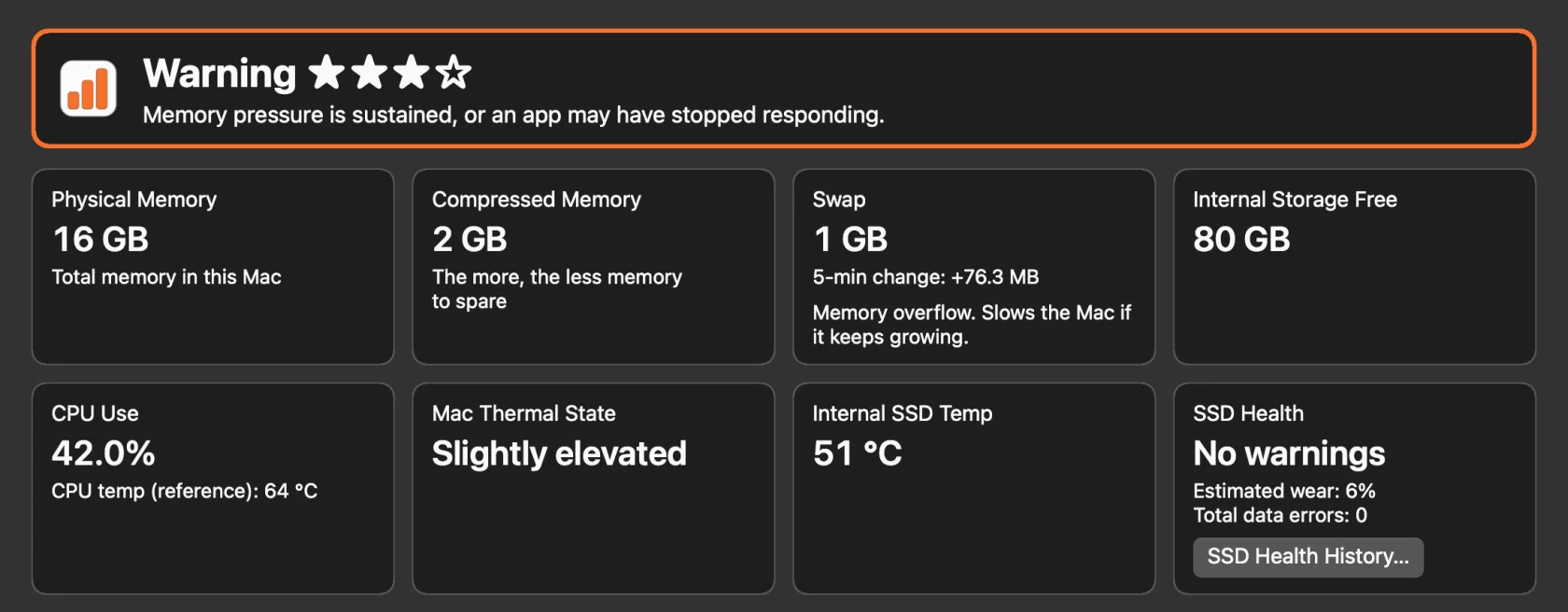The top of the Memory Watch analysis window: “Warning” with three stars in an orange frame, and cards for memory, swap, free storage, CPU, and SSD below it