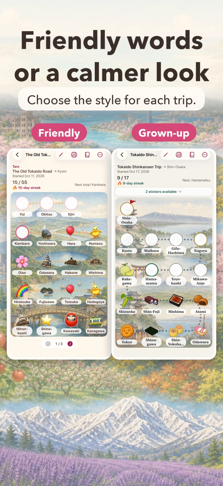 “Friendly words or a calmer look. Choose the style for each trip.” The same kind of trip map shown in the friendly style and in the grown-up style, side by side