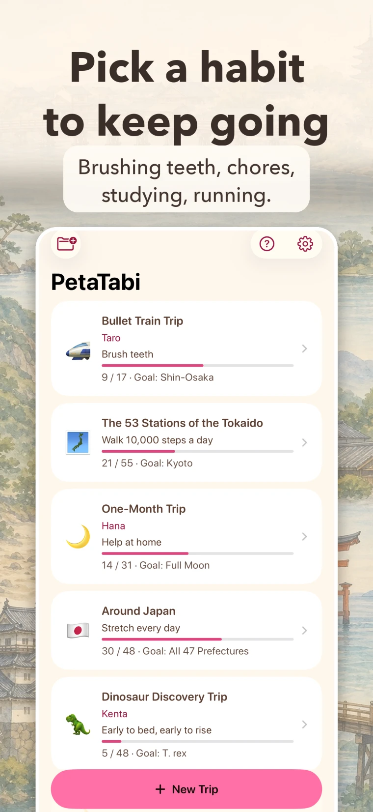 “Pick a habit to keep going. Brushing teeth, chores, studying, running.” The PetaTabi home screen, with trips such as Brush teeth, Walk 10,000 steps a day, Help at home and Stretch every day in the same list