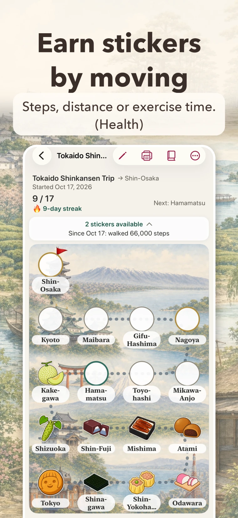 “Earn stickers by moving. Steps, distance or exercise time. (Health)” The Tokaido Shinkansen trip map, with “2 stickers available” and “Since Oct 17: walked 66,000 steps” at the top