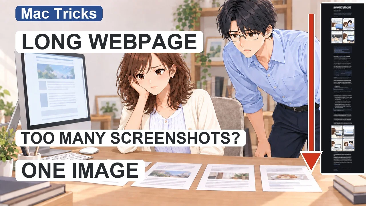 The video thumbnail: the words Long webpage, Too many screenshots? and One image, Misaki resting her chin on her hand over printed pages, and a tall page with a down arrow