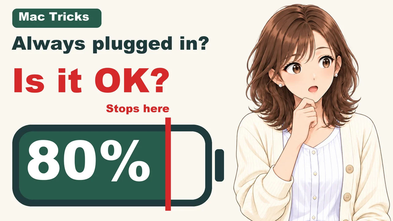 The video thumbnail: the words Always plugged in? Is it OK?, a battery filled to 80% with a red line marked Stops here, and Misaki with her hand on her chin