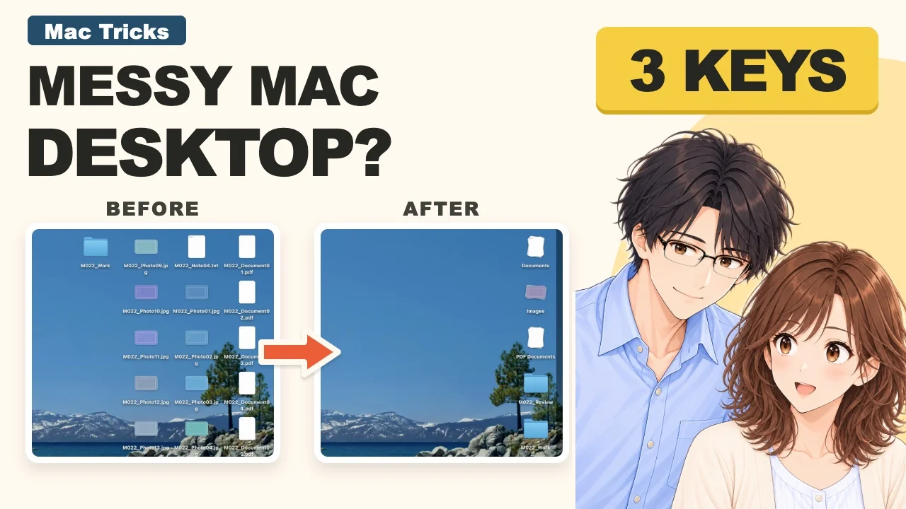 The video thumbnail: the words Messy Mac desktop? and 3 keys, a before and after picture of the desktop, and Naoki and Misaki