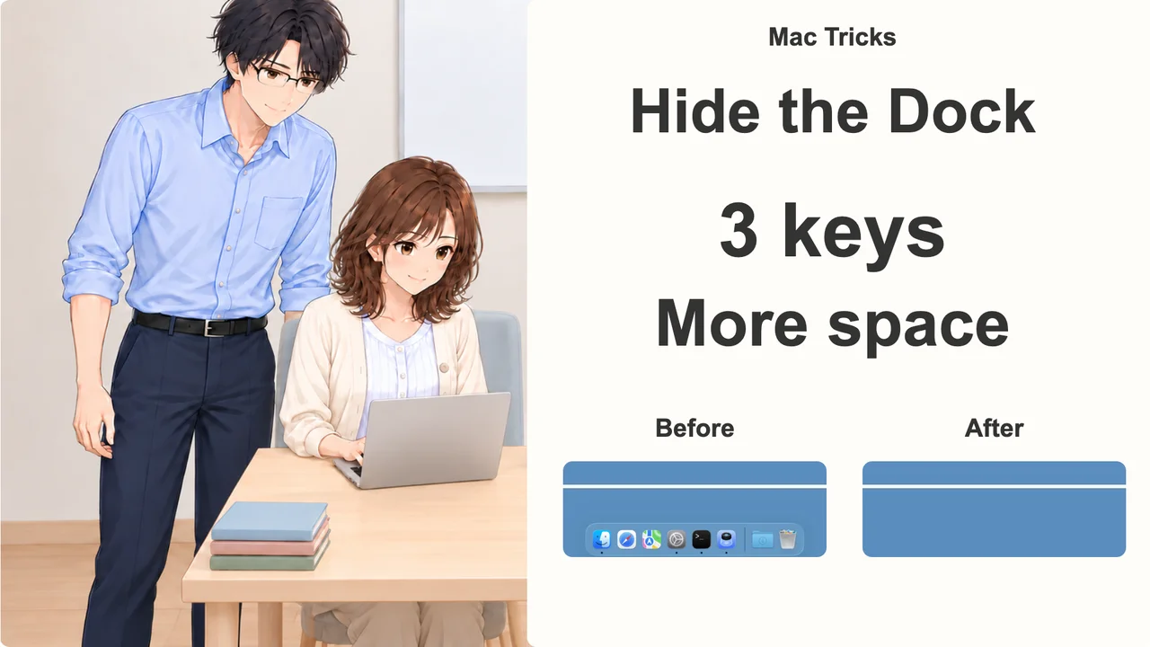 The video thumbnail: the words Hide the Dock, 3 keys, More space, a before and after picture of the Dock, and Naoki and Misaki at a MacBook