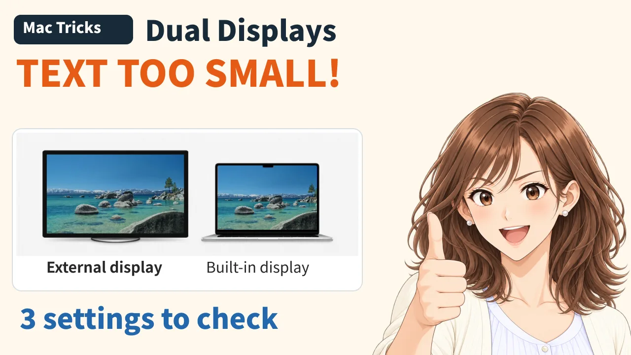 The video thumbnail: the words Dual Displays, Text too small, and 3 settings to check, pictures of an external display and a built-in display, and Misaki giving a thumbs-up